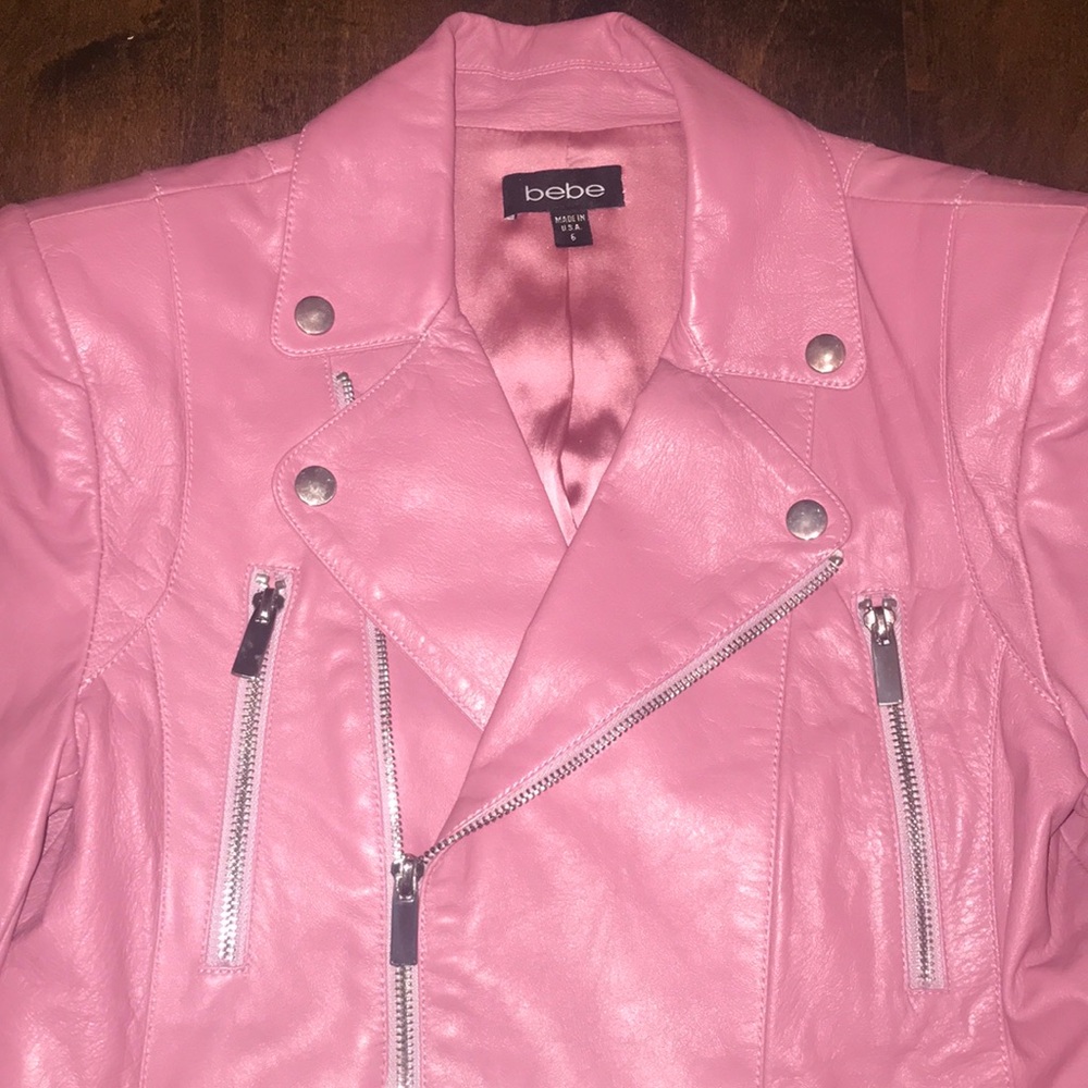 BEBE faux leather pink crop jacket